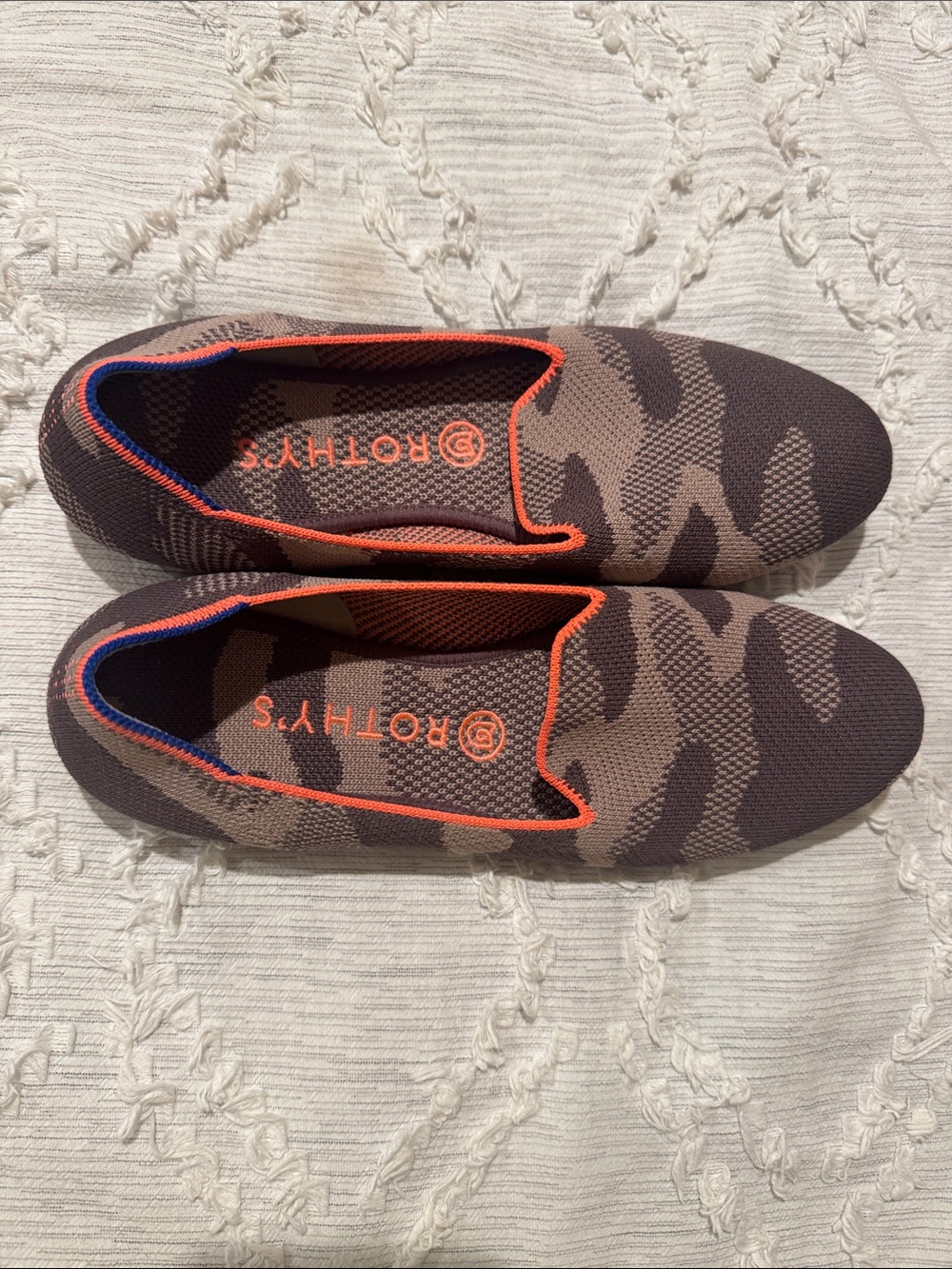 Rothy's Grey Camo Knit Slip-On Flats with Orange Trim